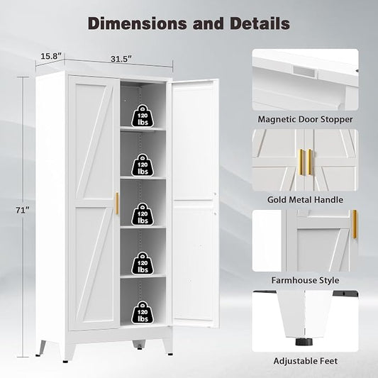 71" Tall Metal Pantry Cabinet, Kitchen Storage Cabinet with 2 Doors and 4 Adjustable Shelves for Kitchen, Living Room, Dining Room, Bathroom and Home, Office (White, 1PC)