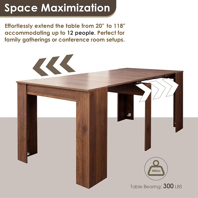 20"-118" Extendable Dining Table for 2-12 People, Modern Modular Extension Table, Space-Saving Extra Long Folding Dining Table, Multifunctional Conference Meeting Table, Walnut