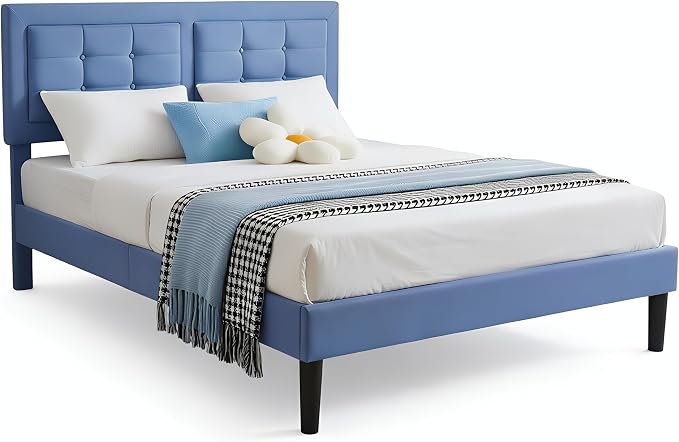 VECELO Queen Size Bed Frame, Adjustable Upholstered Button Tufted Headboard, Heavy-Duty Bedframe with Wood Slats Support, No Box Spring Needed, Light Blue