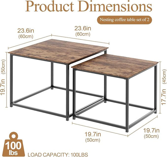 Garden 4 you Coffee Table Set of 2, Modern Engineered Wood Nesting Table, Metal Frame Square Center Table Set, Side Tables, Nesting Coffee Table for Living Room, Bedroom and Small Spaces, 23.6in Brown