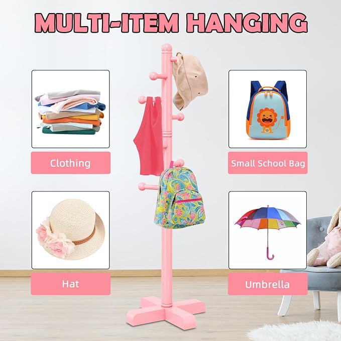 Coat Rack, Freestanding Coat Racks with 8 Hooks 2 Adjustable Height, Tree Coat Rack for Bedroom, Hallway, Entrance, Office, Hats, Handbags,Purse (Pink)