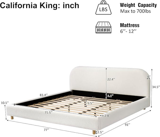 Merax California King Size Teddy Fleece Thick Fabric Upholstered Platform Bed with Curved Shaped Headboard, Wood Bed Frame with Solid Round Legs for Kids Teens Adults, White