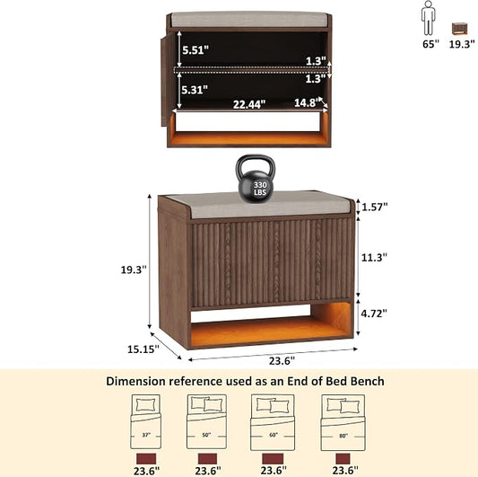 HOMEFORT 23.6" Fluted Shoe Storage Bench, Small Entryway Bench with Linen Seat Cushion, Shoe Cabinet Bench with Adjustable Shelf and Built-in LED Sensor Light, Bench for Bedroom End of Bed,Walnut