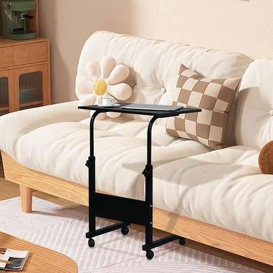 Karl home Small Side Mobile Table 23.6 inch Computer Desk with Wheels Height Adjustable Rolling Potable Laptop Cart, C-Shaped Bed Couch End Tables with Edge Stopper for Living Room Bedroom, Black