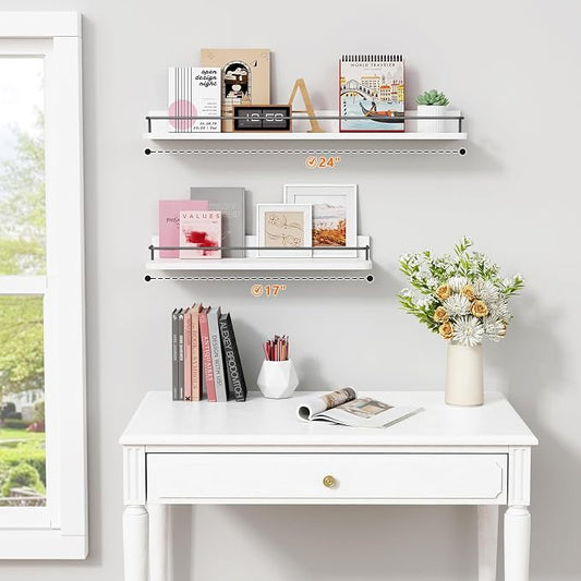 Forbena Floating Shelves for Wall 24 Inches Long, Modern White Wall Shelving Unit for Bedroom, Wood Hanging Shelf for Kitchen Bathroom Living Room Office Organizers and Storage (White and Grey)