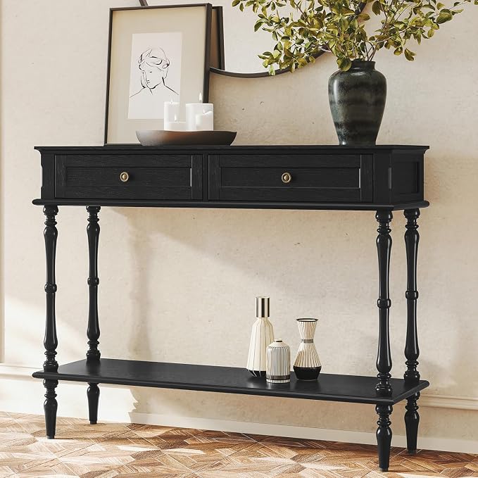 ARTPOWER Console Table for Entryway with 2 Drawers-Minimal Assembly,Retro Entryway Tables with Storage Cabinets and Open Shelf,Narrow Long Couch Table Behind Sofa for Living Room,Foyer,Hallway,Black