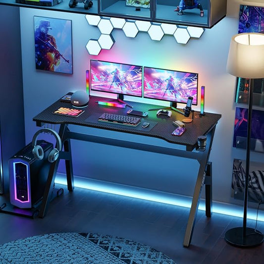 BestOffice | 47" Gaming Desk | Black & Blue | Carbon Fiber Textured Computer Desk | Sturdy Steel Frame,Cup Holder, Headphone Hook, Cable Management Holes, Adjustable Leg Pads | for Gamers,Home,Office