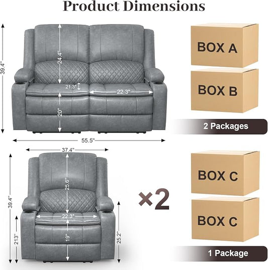Yolsali Loveseat Recliner Sofa Set with 2-Tier Cushion, 2+1+1 Pieces in Living Room, 2 Seater Reclining Loveseat Leather with Removable Console, 2 Oversize Recliner Chair Sofa Seat - Gray PU
