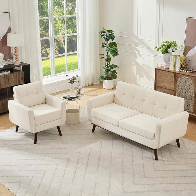 Kingfun Living Room Furniture Sets, Loveseat & Accent Chair, Mid Century Modern Decor Sofa Couches, Button Tufted Upholstered Furniture, Beige
