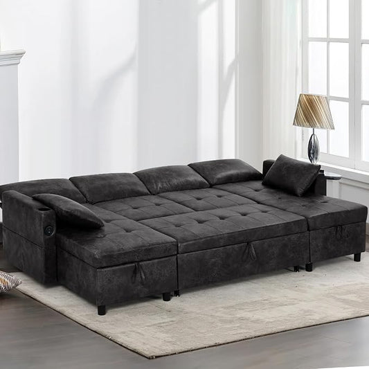 110 inches Suede Leather Sleeper Sofa w/Pull Out Bed, U-Shape Sectional Sofa Bed w/Adjustable Backrest and Storage Chaises, 4-Seats Upholstered Sofa Bed w/USB Port for Living Room, Black