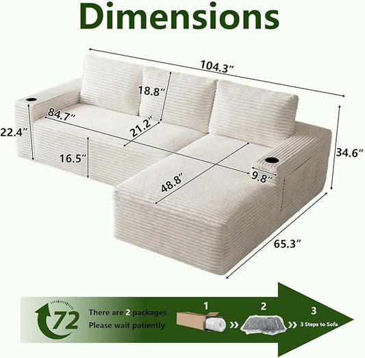 104.3" Modular Sectional Sofa,Modern Corduroy Cloud Couch with Cup Holder & Side Pockets,Boneless Couch Upholstered 4-Seater L-Shaped Sofa for Living Room,No Assembly (White, Right-Facing Chaise) | with Cup Holder