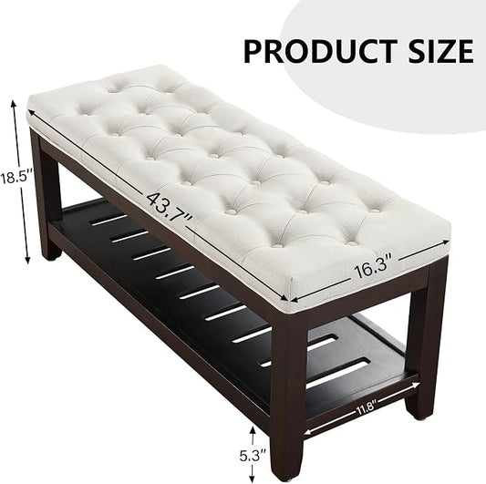 adochr Linen Large Rectangular Ottoman with Storage, Upholstered Entryway Bench for Living Room, Oversized Button Tufted Ottoman with Wood Shelf Storage, Beige