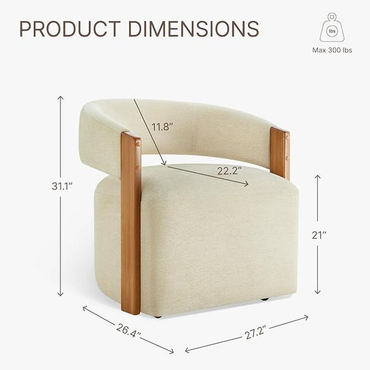 KISLOT Upholstered Dining Chairs Set of 1, Modern Wooden Arm Kitchen & Dining Room Chairs with Hidden Casters, Fabric Padded Rolling Chairs, Sturdy Wood Frame, 300 lbs Capacity, Sand
