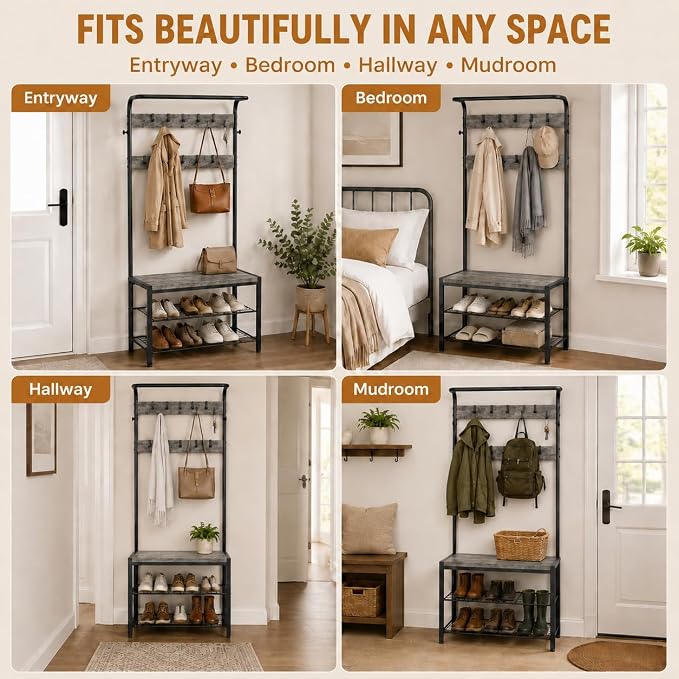 Simple Deluxe 4-in-1 Entryway Coat Rack, Hall Tree with Bench and Shoe Storage, Mudroom Bench with Storage and 10 Hooks Hall Tree Organizer for Entryway, Bedroom, Grey