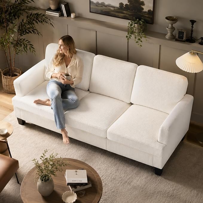 Modern 3 Seater Sofa for Living Room with Soft Deep Seats, Sofa 3 Seater in Linen, Upholstered Apartment Sofa with Armrests, Comfy Cozy Sofas for Bedroom (Corduroy, White)