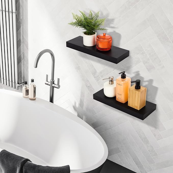Sorbus Floating Shelves for Wall – 16 Inch Floating Shelf for Kitchen, Bedroom, Living Room, Bathroom, Home & Wall Decor - Mounted Bathroom Shelves with Invisible Brackets (Black, 2 Pack)