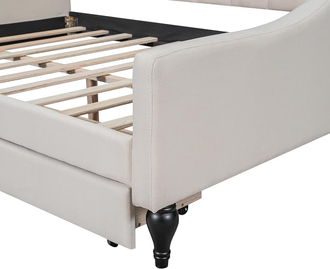 Merax Full Size Daybed with Storage, Solid Wood Sofa Bed Frame w/2 Drawers, Upholstered Tufted Daybed for Living Room, Bedroom and Guest Room, Beige
