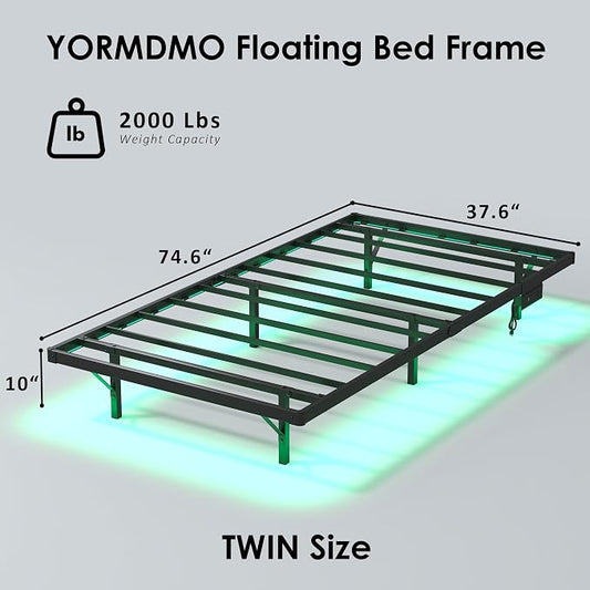 YORMDMO Floating Bed Frame Twin Size, Heavy Duty Bedframe with Smart LED Lights & Charging Station, Modern Metal Platform Bed, Easy Assembly No Box Spring Needed, 10 Inch