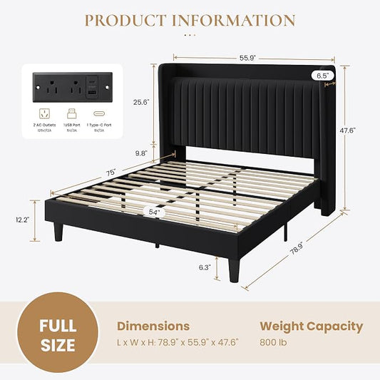 SHA CERLIN Full Size Velvet Bed Frame with USB Charging Station, Wingback Storage Headboard, Upholstered Platform Bed with Wooden Slats Support, No Box Spring Needed, Easy Assembly, Black