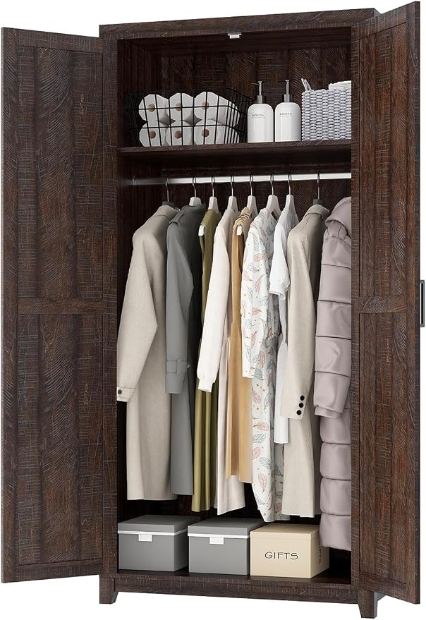 LUXOAK 70" Large Armoire Wardrobe Closet Set of 2 with Hanging Rod, Farmhouse Clothing Storage Cabinet with 4 Barn Doors, Wooden Tall Bedroom Armoires with Shelf, Espresso