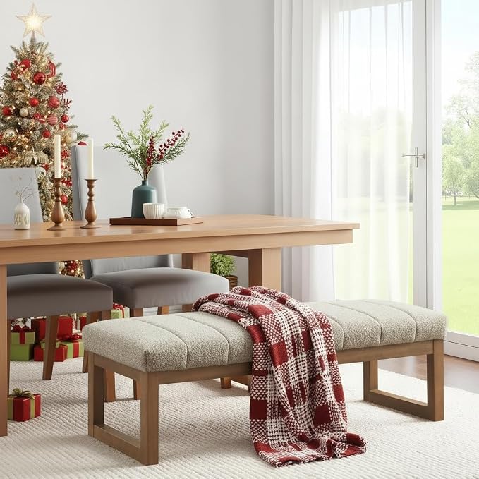 Zihanhome 52.7" Bedroom Bench for End of Bed, Modern Upholstered Teddy Fabric Entryway Bench & Dining Bench, Footrest Stool Bench with Solid Wood Frame for Bedroom, Living Room (Camel)
