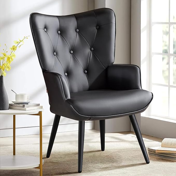 Furniliving PU Leather Accent Chair for Living Room, Upholstered Reading Chair with High Backrest, Tufted-Button Wingback Armchair for Bedroom, Dressing Room, Home Office, Black