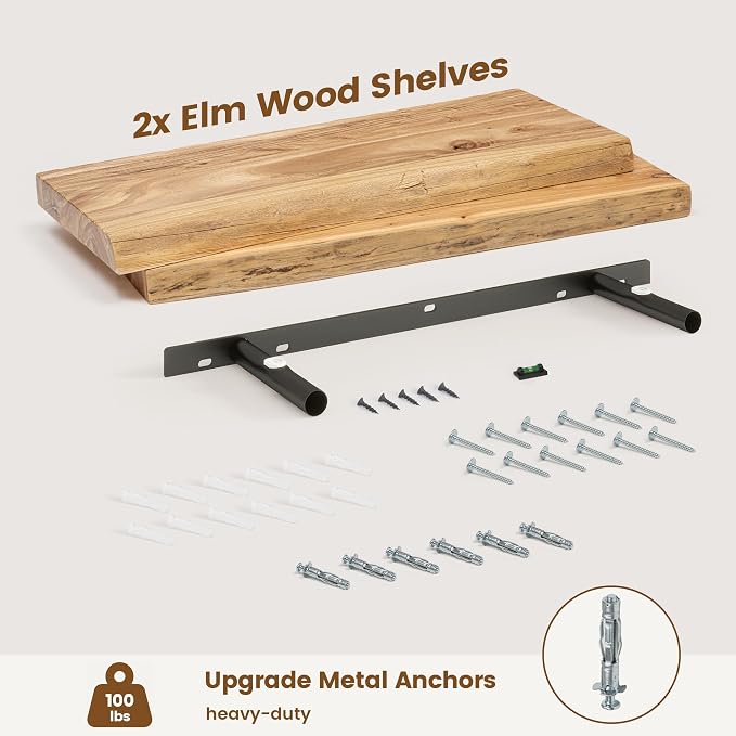 Live Edge Floating Shelves for Wall Decor, Solid Elm Wood Floating Shelves Wall Mounted, Rustic Wall Shelves with Invisible Bracket for Living Room Bathroom Bedroom Kitchen, 24 Inch Set of 2, Natural