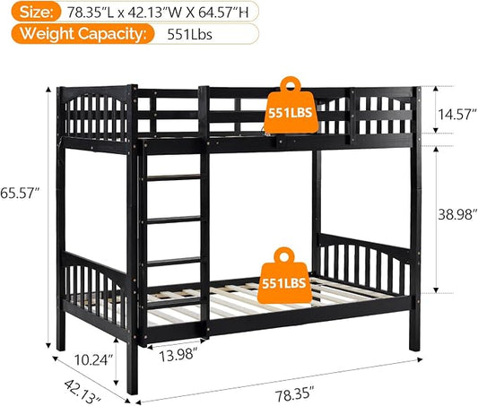 VINGLI Solid Wood Bunk Bed Twin Over Twin with RGB LED Light and Charging Station,15 inches Extra Tall Guardrail, Convertable 2 Deckers Bed, Heavy Duty Wood Slat Support, Black