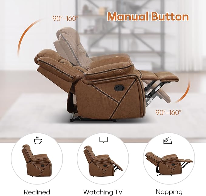 EBELLO Faux Leather Manual Recliner Chair, Modern Design Single Reclining Sofa Chair with Comfortable Armrest and Backrest, Furniture for Living Room, Bedroom, Brown