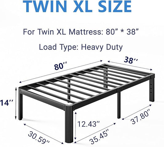 14 Inch High Platform Twin XL Bed Frames No Box Spring Needed, Metal Twin XL Bed Frame, Noise Free, Easy Assembly, Heavy Duty, Black