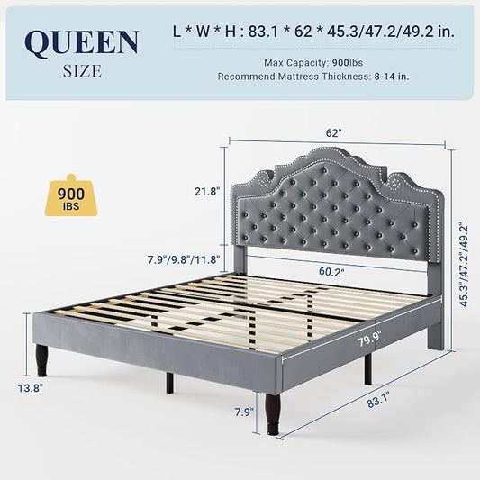 Allewie Queen Size Bed Frame with Adjustable Velvet Tiara Headboard, Upholstered Diamond Button Tufted Platform Bed, Wood Slats Support, No Box Spring Needed, Light Grey