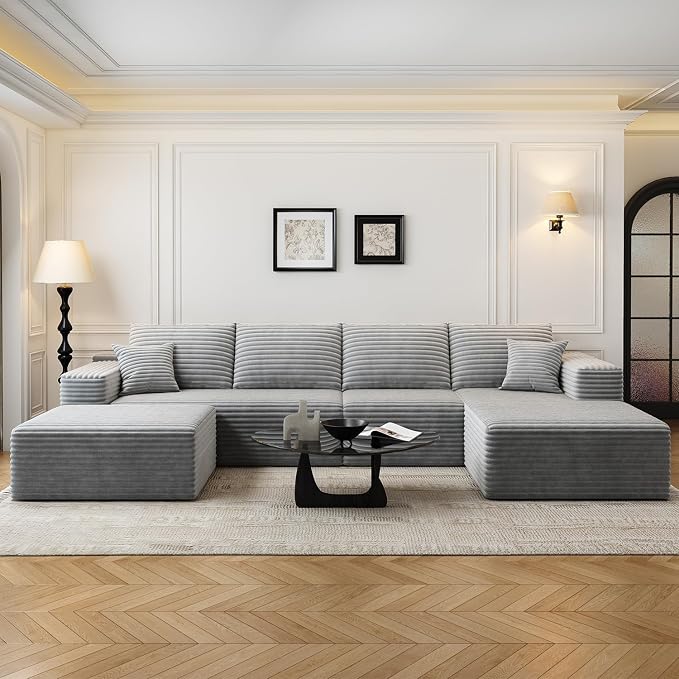 135.4" Cloud Modular Sectional Couch with 1 Ottoman,Modern Minimalist Upholstered Couches, Comfort U Shaped Sofa for Living Room,Deep Seat Corner Couch,No Assembly Required (Grey,Right Facing Chaise)