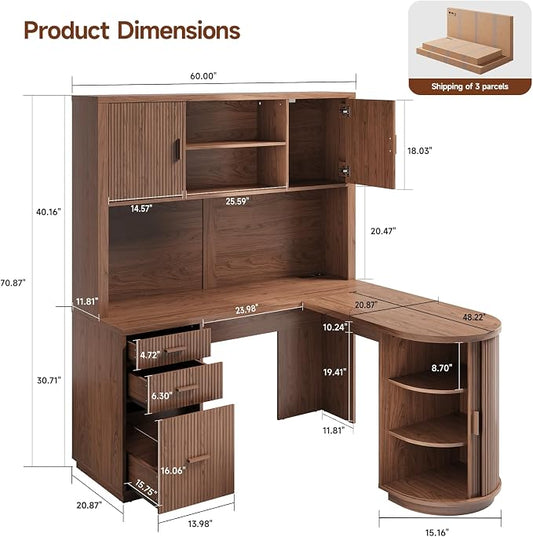 ONBRILL 70.87“H L Shaped Executive Desks with Hutch, Fluted Corner Desk with 3 Drawers & Charging Outlets, Mid-Century Wood Home Office Desk with Sliding Door for Work and Study,Walnut