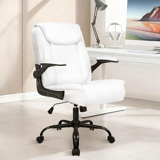 NEO CHAIR Desk Office Gaming Computer Chair Ergonomic Executive Mid-Back Leather with Adjustable Padded Flip-Up Armrests Cushion Wheels Swivel for Home Study Task (White)