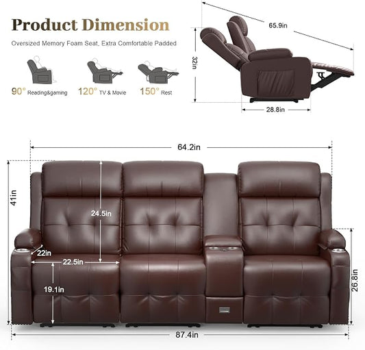 Recliner Sofa, Massage Reclining Sofa 3 Seater Sets Heavy Weight Capacity, RV Loveseat Couch Clearance with Console, USB, Type C Port, Storage, Cup Holders, Wall Hugger Chair for Living Room