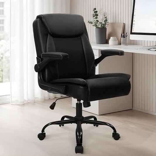 NEO CHAIR Desk Office Gaming Computer Chair Ergonomic Executive Mid-Back Leather with Adjustable Padded Flip-Up Armrests Cushion Wheels Swivel for Home Study Task (Black White)