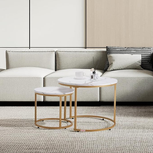 VEVOR Nesting Coffee Table Set of 2, 23.6 in Round Coffee Table, Nesting Tables for Small Place, Vintage End Side Tables Night Stand with Metal Frame, for Living Room, Bedroom, Office (White & Gold)