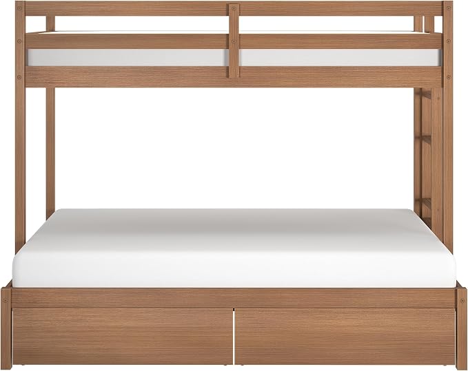 Grain & Grove Bear Twin Over Full Bunk Bed with Storage Drawers, Sturdy Bunk Bed Frame for Kids, Plywood Bunk with Ladder, Guardrail, and Slats, No Box Spring Required, Oak Embossed Pecan