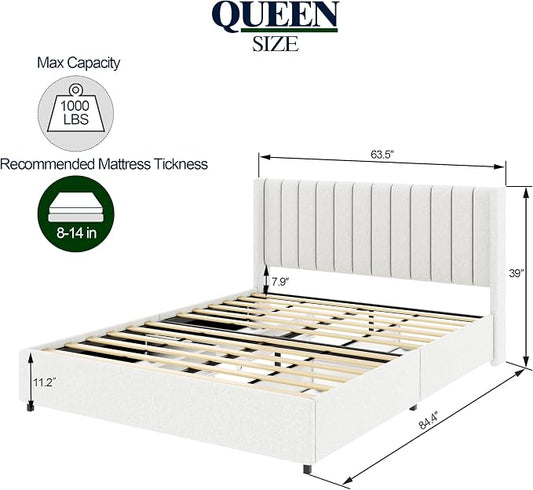 Ball & Cast Queen Size Bed Frame,Boucle Upholstered Platform Bed with 4 Drawers & Channel Tufted Headboard,Wooden Slats Support,No Box Spring Needed,Easy Assembly,Ivory