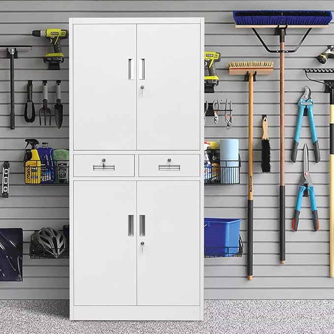 Wanfu Metal Storage Cabinet, Locking Storage Cabinet with Adjustable Shelves and 2 Drawers, 16" D x 32" W x 71" H Steel Cabinets for Office, Garage, Home, Classroom, Utility Room(White)