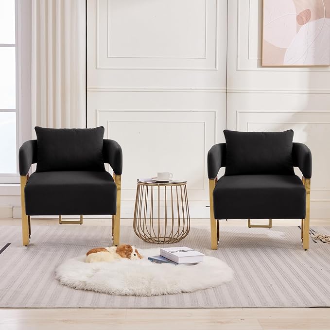 YISHENG Modern Barrel Accent Chairs Set of 2, Living Room Side Chairs with Golden Metal Legs Velvet Upholstered Reading Armchairs no Wheels for Vanity/Reception Room//Bedroom/Lounge/Office, Black