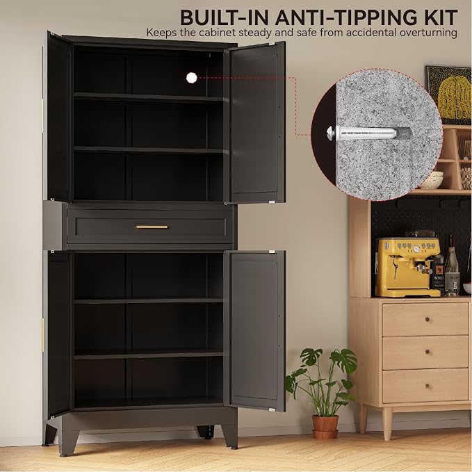 COFaR 71" Metal Pantry Cabinet with Drawer, Black Storage Cabinet with Adjustable Shelves, 3-Section Industrial Cupboard for Kitchen & Office