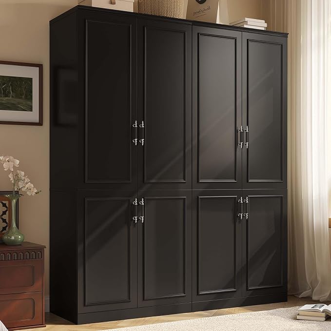 MEISSALIVVE Armoire Wardrobe Closet with 4 Door, 74.8" Large Wardrobe Cabinet with Hanging Rod, Freestanding Modern Bedroom Armoire Storage Cabinet, Black