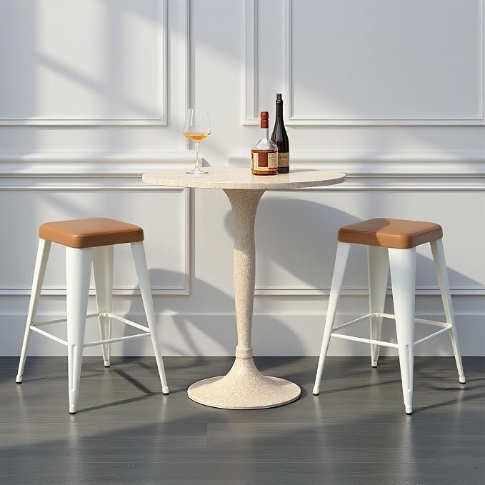 Bar Stools Set of 4, 26" Counter Height Bar Stools Backless, Upholstered Bar Stools with Brown Seat and White Metal Legs for Kitchen Island, Study Room, Cafe