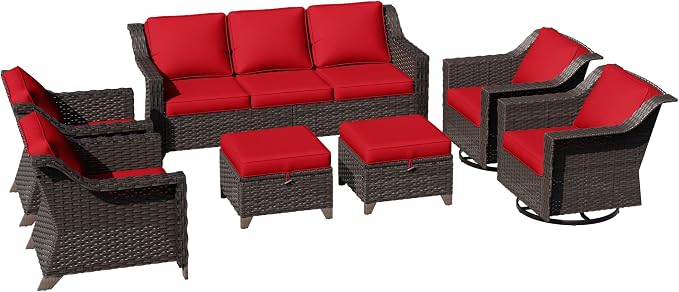 7 Pieces Patio Conversation Furniture Set - 1 Sofa, 2 Armchairs, 2 Ottomans, 2 Swivel Chairs, Outdoor Wicker Furniture with Removable Cushions for Porch, Balcony, Sunroom (Red)