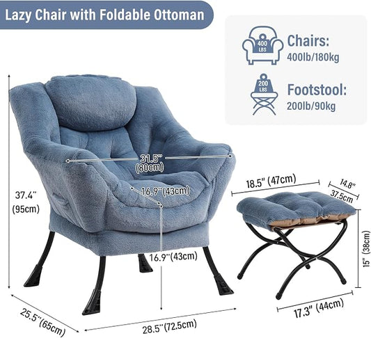 Furlide Lazy Chair with Ottoman, Modern Accent Chair with Armrests and a Side Pocket, Plush Light Blue Accent Chairs, Reading Chairs, Oversized Armchairs for Bedroom, Study, Living Room, Courtyard