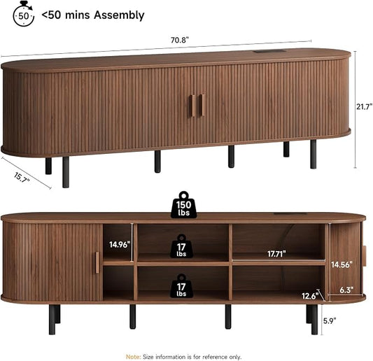 ONBRILL 70.8" TV Stand with Power Outlet for TVs up to 75 Inch, Entertainment Center with Storage and Adjustable Shelves, Modern Media Console with Sliding Doors for Living Room, Walnut