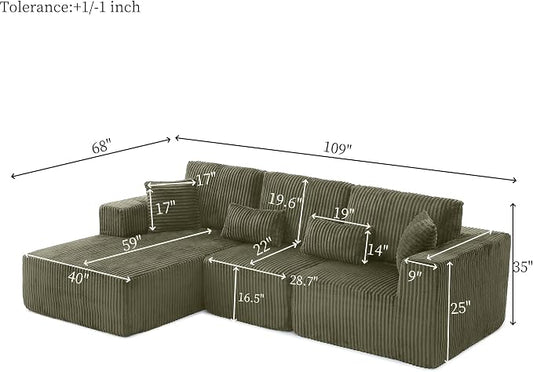 L Shaped Modular Boneless Sectional Couches for Living Room, Wide Armrest, Deep Seat, Memory Foam, Assembly Free, Modern Comfy Corduroy Fluffy Cloud Sofa with Left Chaise, Green