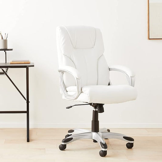 Amazon Basics Executive High Back Office Desk Chair, Adjustable Height, Tilt, Swivel, 275lb Capacity, Bonded Leather, White/Pewter