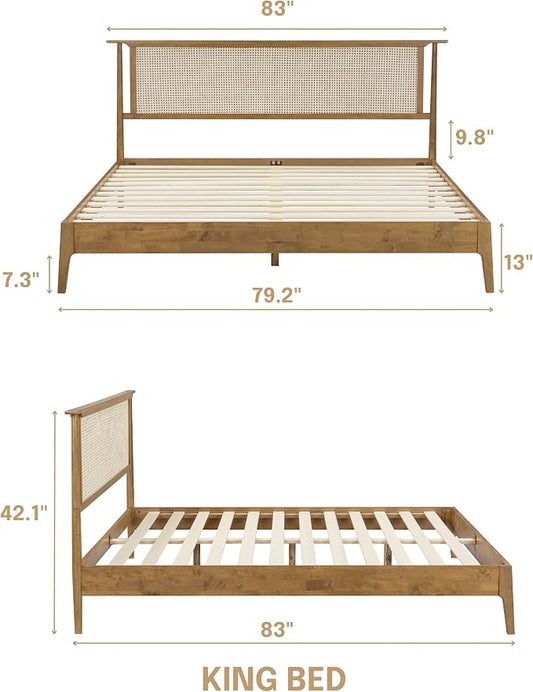 NTC Ruby Wooden Bed Frame with Headboard and Natural Rattan, Solid Oak Foundation with Silent Slats, 1000 Lb Capacity, Effortless Assembly, King - Teak Look